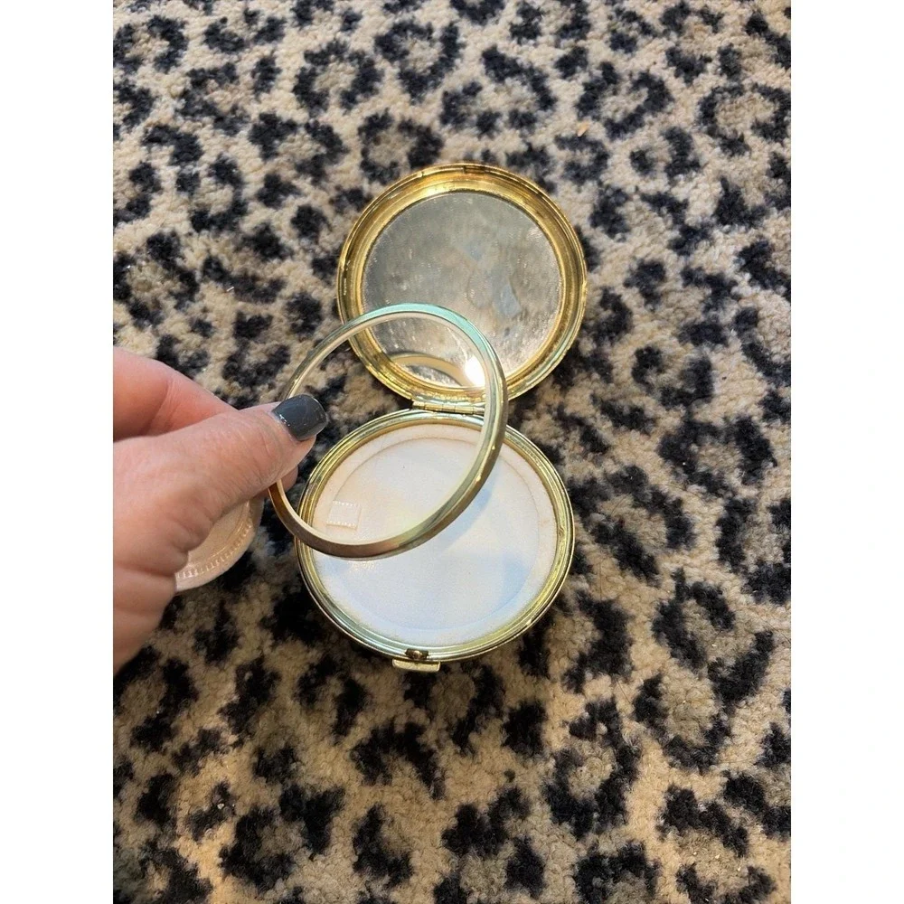 NACON Tokyo Japan Powder Compact Floral Wheelbarrow Gold Tone Mirror w Puff VTG